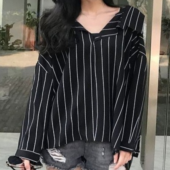 Black Oversized Striped Casual Office Blouse Shirt - Picture 5 of 8